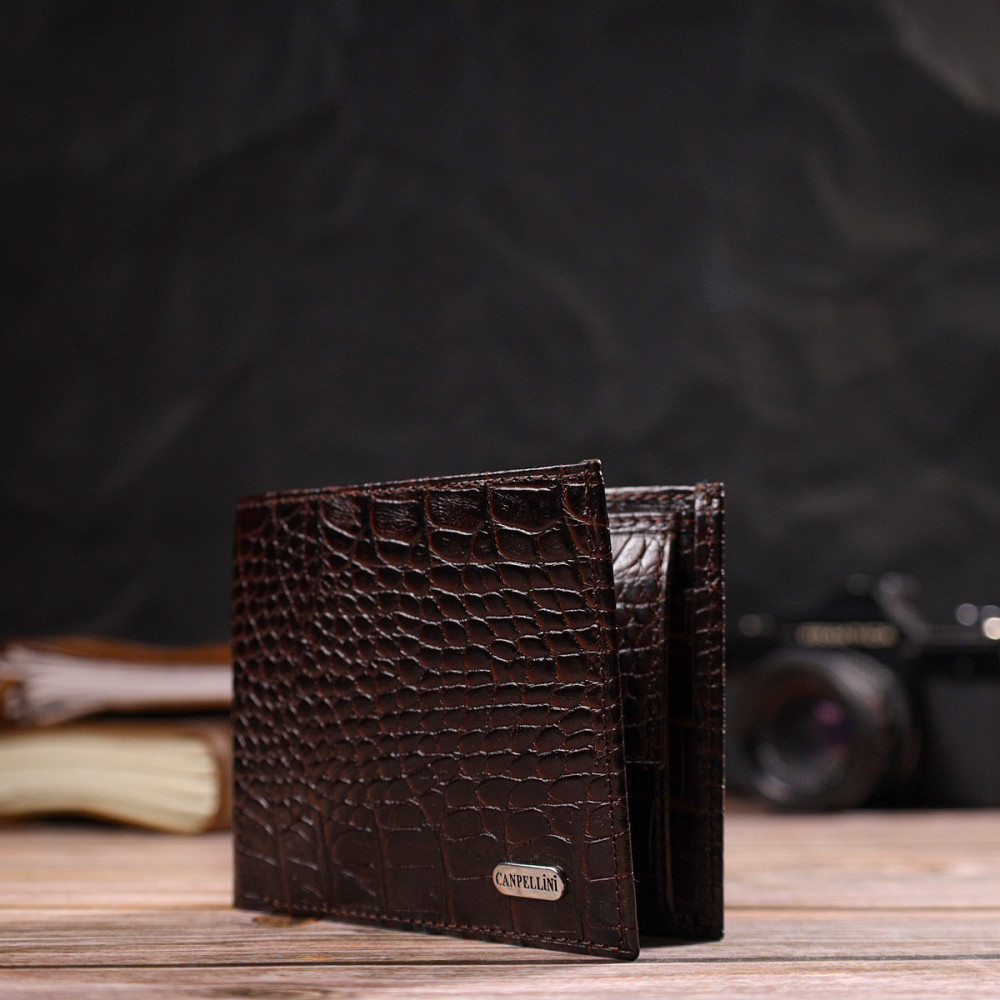 Стильне чоловіче портмоне з натуральної фактурної шкіри з тисненням під крокодила CANPELLINI 21777 Коричневе Київ - фото 3