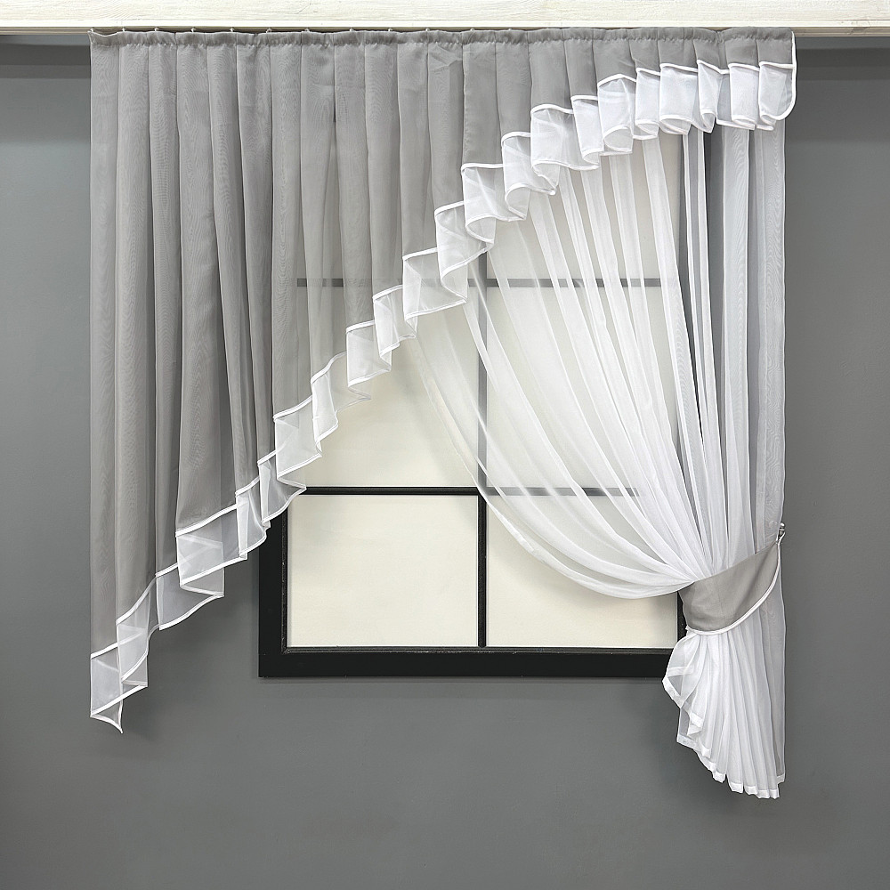 Кухонный комплект VR-Textil № 062к шторка с ламбрекеном светло-серый с белым 150х170 см (50-478) Киев - изображение 1