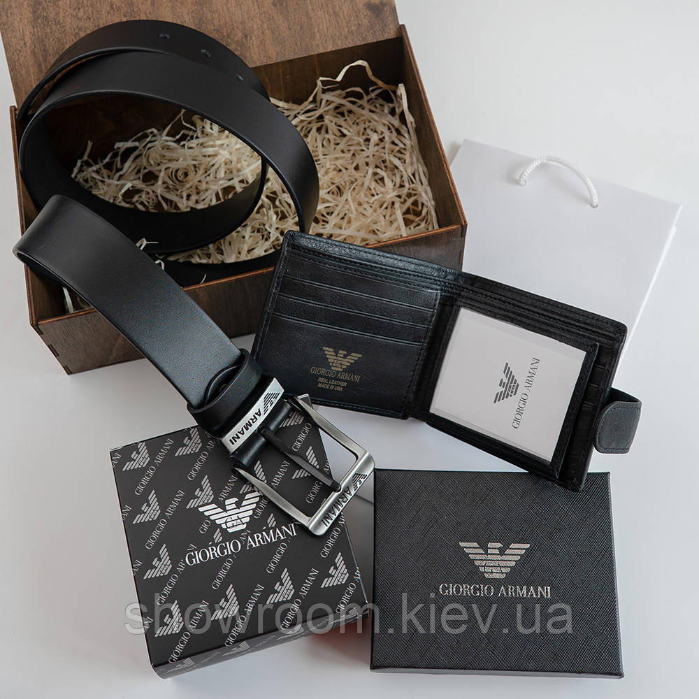 Чоловічий подарунковий набір гаманець і ремінь в дерев'яний ящик Armani (303) Київ - фото 7