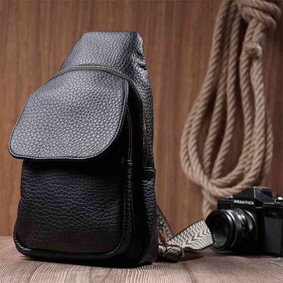 Зручна жіноча сумка з однією лямкою через плече з великозернистої екошкіри Vintage 22763 Чорний Київ