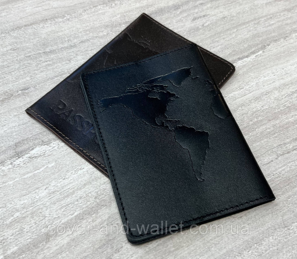 Обкладинка на паспорт карта світу з гладкої шкіри в чорному кольорі ST Leather Київ - фото 16