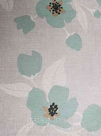 Шпалери вінілові Lutece Melody 51196704 квіти бірюзове листя білі на сіро-бежевому в крапку тлі Київ