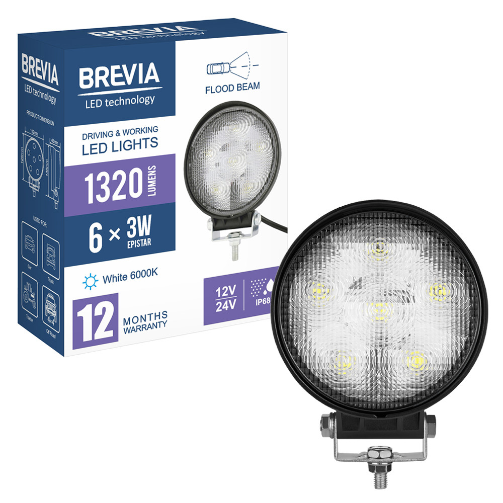 Фара светодиодная Brevia Epistar Flood 10-30V, 18W (6x3W), 1320Lm, 1шт (10621RFX1) Львов - изображение 8