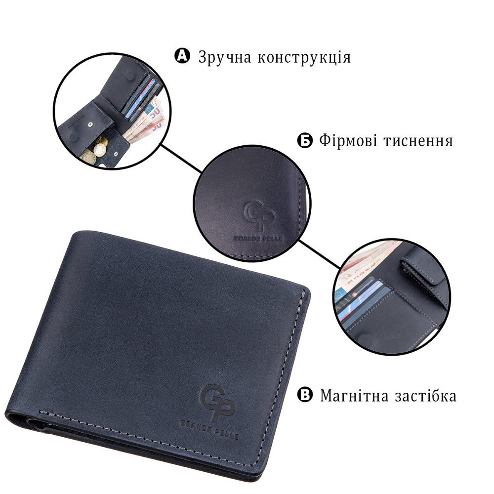 Компактное портмоне унисекс на магните Синее (GRANDE PELLE) Киев - изображение 2