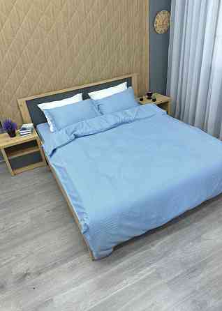 Комплект постельного белья Страйп-сатин Двуспальный 180х220 с простыней на резинке Голубой (88-114) Киев