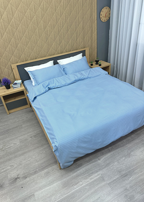 Комплект постельного белья Страйп-сатин Двуспальный 180х220 с простыней на резинке Голубой (88-114) Киев - изображение 4