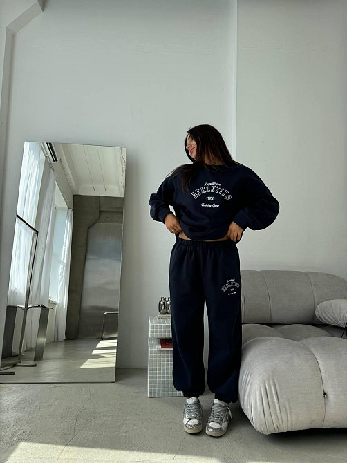 Жіночий теплий костюм у спортивному стилі з накатом тринитка на флісі Темно-синій, 42/44 Одеса - фото 6