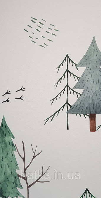 Шпалери флізелінові екологічно чисті Rasch Kids World 0.53х10 дитячі ялинки гілки зелені сірі на білому Київ - фото 3