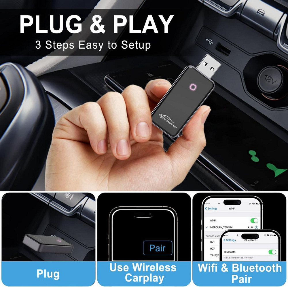 Беспроводной адаптер CarPlay и Android Auto 2 в 1 USB Type-C, Bluetooth, Wi-Fi 2.4G, Plug & Play, черный Киев - изображение 3