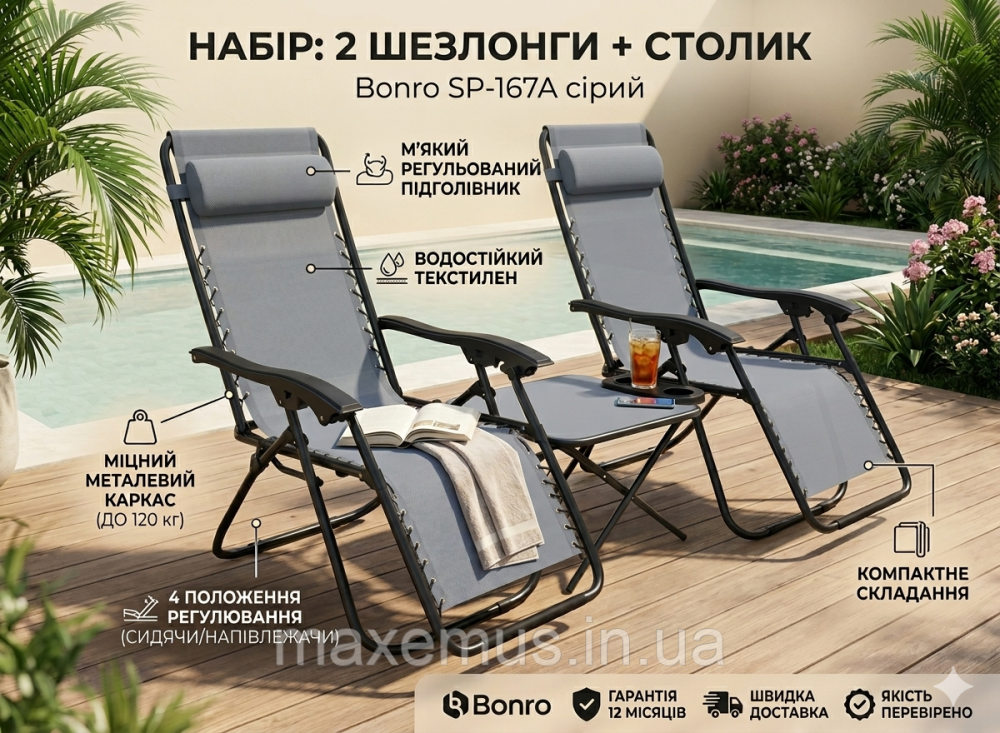 Набор шезлонгов 2 шт и столик Bonro SP167A садовые лежаки для отдыха и террасы серый Мостиська - фото 11
