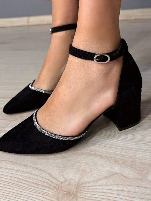 Туфлі жіночі Meideli 2813-1 човники з ремінцем замшеві зі стразами на підборах чорні, 36, 23 см Київ - фото 15
