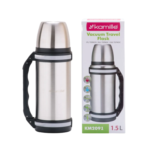 Термос 1500мл з ручкою та ремінцем нержавіюча сталь сірий KAMILLE 2091 Житомир - фото 1