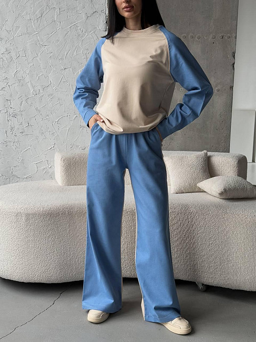 Жіночий ефектний комбінований костюм-двійка: кофта та штани джинс-котон + турецька двонитка Блакитний, 42/44 Одеса - фото 9