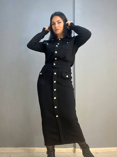 Костюм жіночий De Red 8672 кардиган з комірцем та довга спідницею золоті гудзики one size чорний , ч Одеса - фото 1