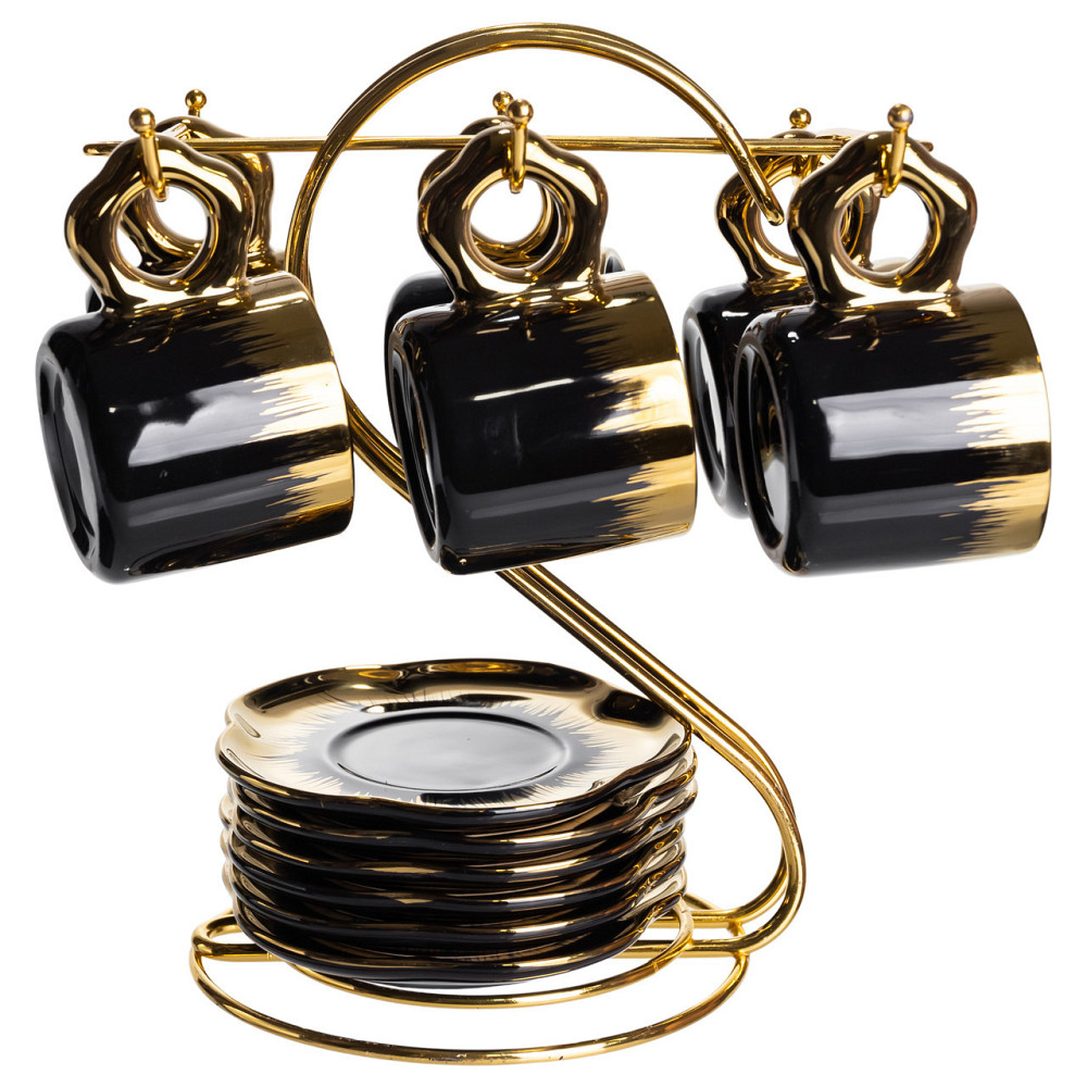 Набір чашок для кави на металевій підставці 6 (шт) по 100 (мл) Чорний з золотом FM-47 SBR Київ - фото 4