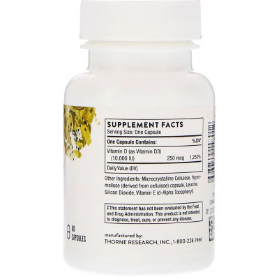 Вітамін Thorne Research Вітамін D3, 10 000 МО, D-10,000, 60 капсул (THR-14801) Вінниця - фото 2