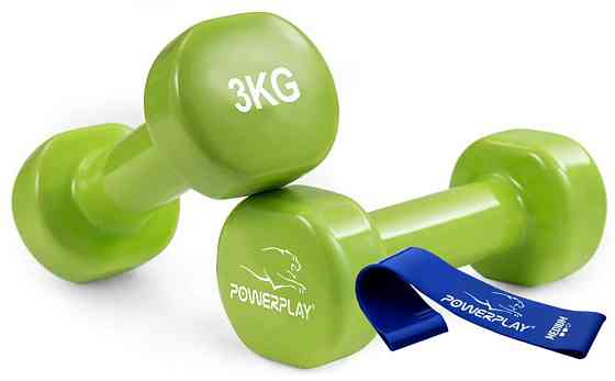 Гантелі вінілові PowerPlay 4125 Achilles 2*3 кг. Зелені (пара - 2шт.) + Резинка для фітнесу 7,5кг Каменское