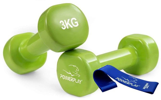 Гантелі вінілові PowerPlay 4125 Achilles 2*3 кг. Зелені (пара - 2шт.) + Резинка для фітнесу 7,5кг Каменское - изображение 1