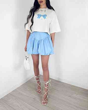 Женский летний романтичный костюм двойка: футболка и юбка турецкий кулир + коттон Голубой, 46/48 Одесса