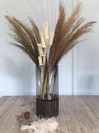 Ваза скляна з деревом Olens "Wood" 26 см 2 л прозоре чорне скло з дерев'яним дном Київ