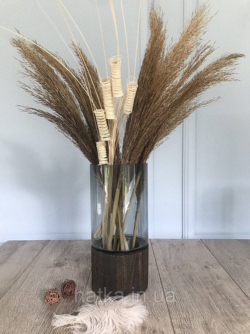 Ваза скляна з деревом Olens "Wood" 26 см 2 л прозоре чорне скло з дерев'яним дном Київ - фото 2