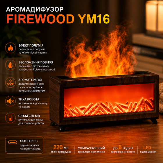 Аромадиффузор Firewood YM16, ультразвуковой увлажнитель воздуха 220 мл, эффект пламени, ароматерапия, LED-подсветка, портативный Киев