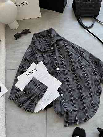 Женская стильная оверсайз рубашка в клетку фланель 100% коттон Графит Одесса