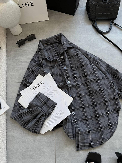 Женская стильная оверсайз рубашка в клетку фланель 100% коттон Графит Одесса - изображение 1