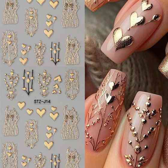 3D наклейки для ногтей золотые с сердцами – набор 2 шт Киев