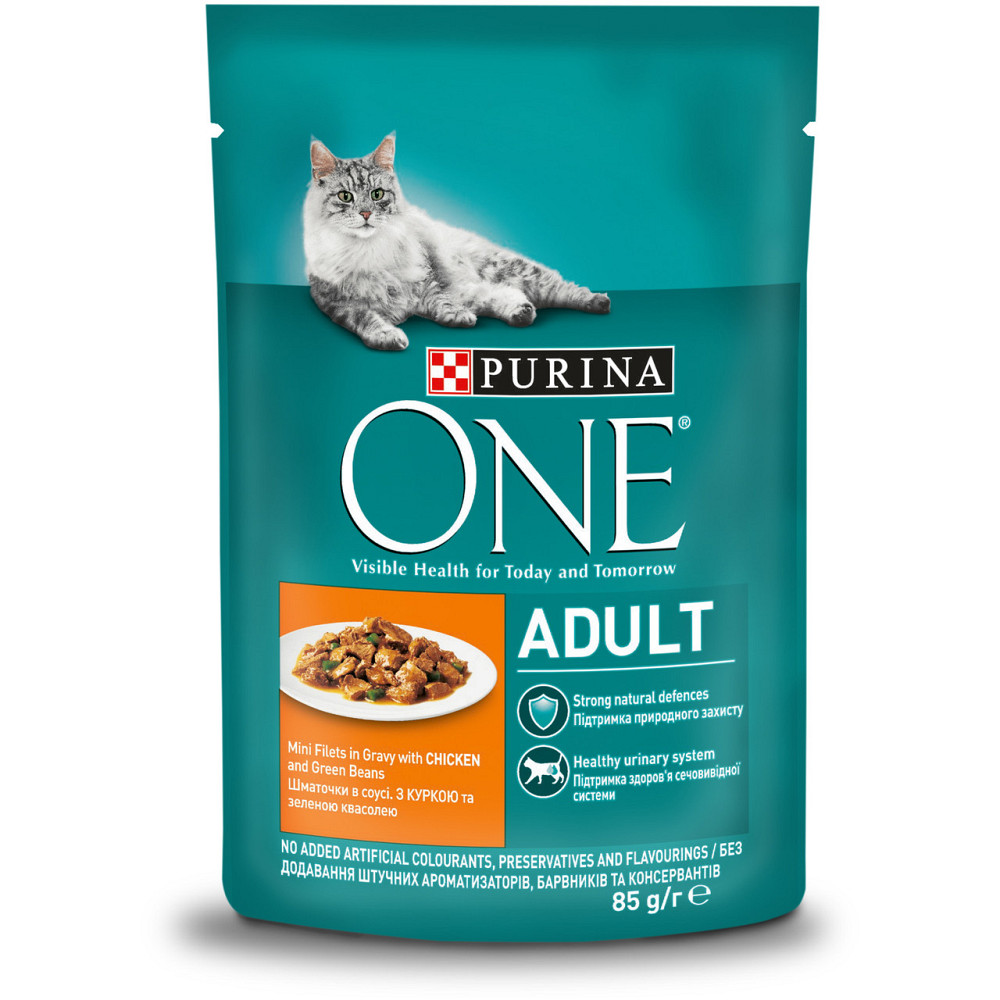 Влажный корм PURINA ONE Adult для взрослых кошек, кусочки в соусе, с курицей и зеленой фасолью, 85 г Киев - изображение 1