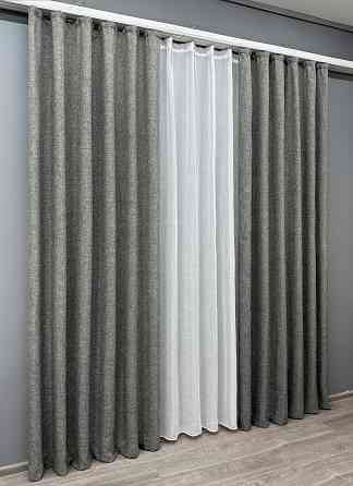 Комплект штор VR-Textil Лен Мешковина 150х270 2шт и Тюль 400х270 108ш-115т Серый с белым 71-024/3 Киев