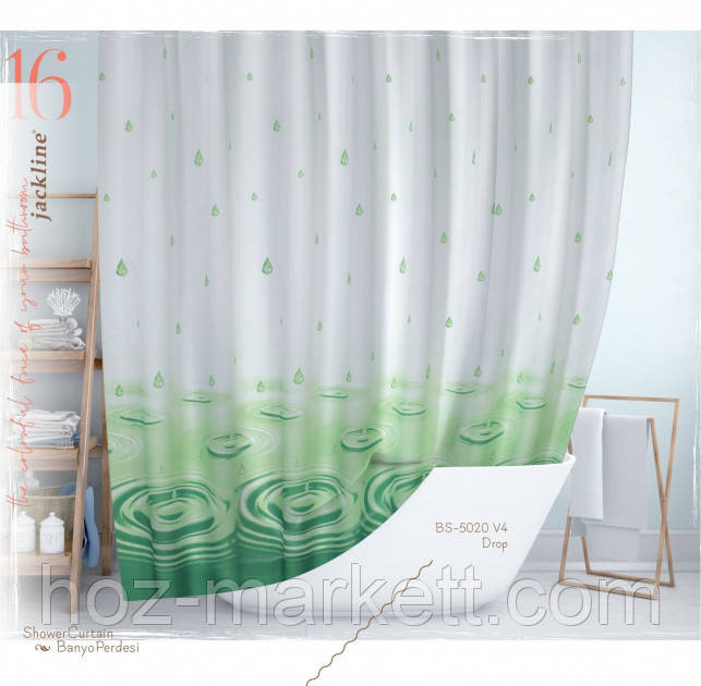 Тканевая шторка для душа Тропик 180 х 200 см Турция капли зеленая Харьков - изображение 1
