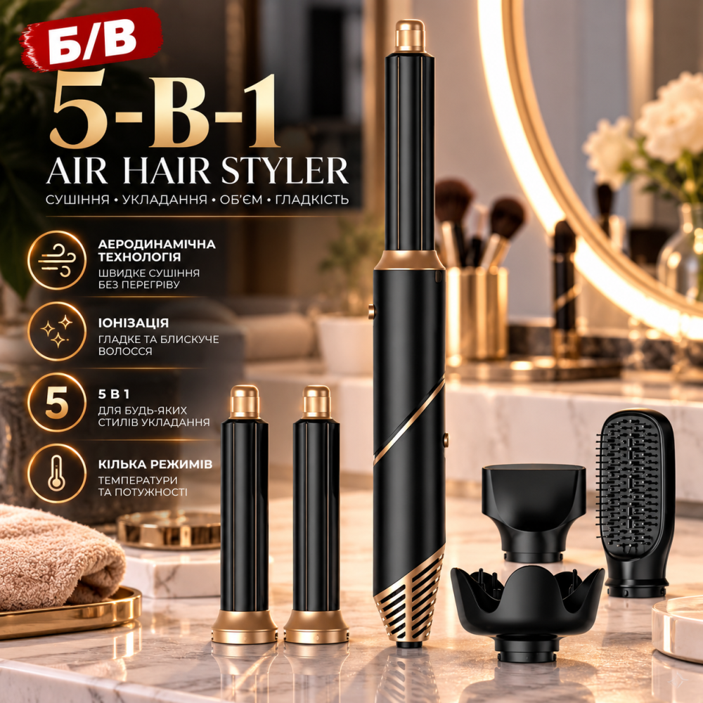 Б/В Стайлер для волосся 5-в-1 Air Hair Styler, аеродинамічний фен-стайлер, іонізація, дифузор, концентратор, для сушіння та уклада Київ - фото 1