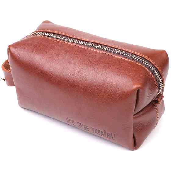 Чоловічий несесер середнього розміру з гладкої шкіри на блискавці Світло-коричневий (GRANDE PELLE) Київ