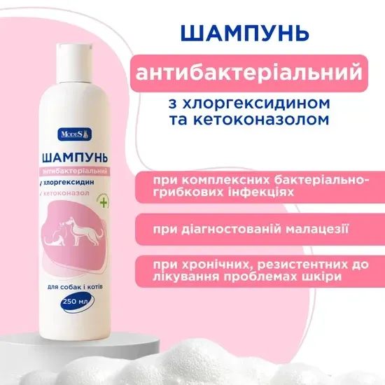 Шампунь антибактеріальний з хлоргексидином і кетоконазолом для собак і котів, 250 мл, MODES Вінниця