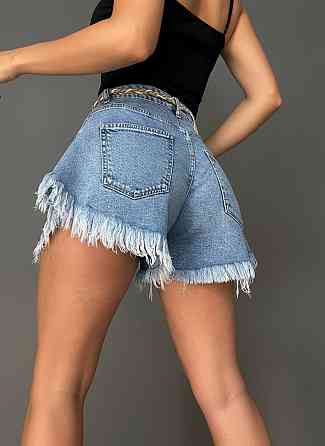 Шорти жіночі джинсові Liana 4-036 розкльошені A-силует з бахромою та поясом блакитні, блакитний, 33, 33, 88 см Київ