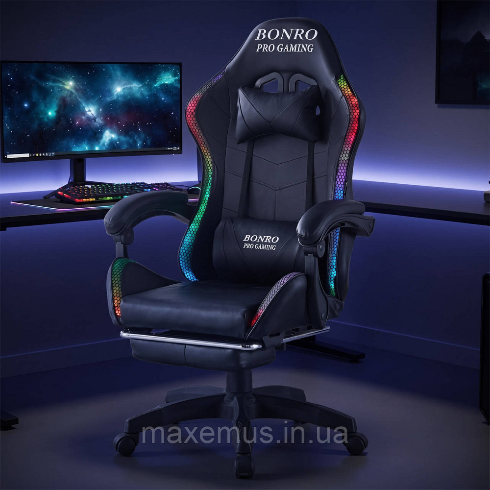 Игровое геймерское кресло Bonro B-144 Черное с RGB-подсветкой, массажем и подножкой для ПК Мостиська - фото 10