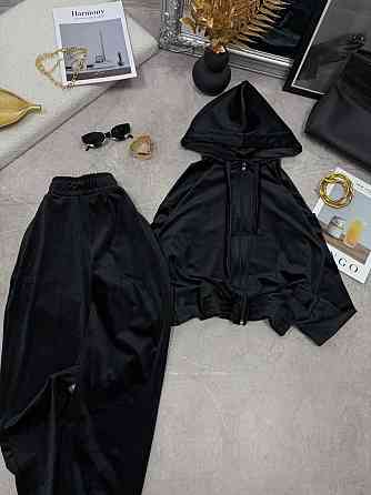 Женский повседневный велюровый костюм двойка: кофта и штаны Черный, 42/44 Одесса