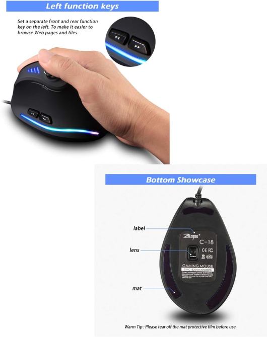 Игровая вертикальная мышь Zelotes C18 RGB, 10000 DPI, программируемая, проводная, PMW3325, эргономичная, с панелью управления Киев - изображение 7