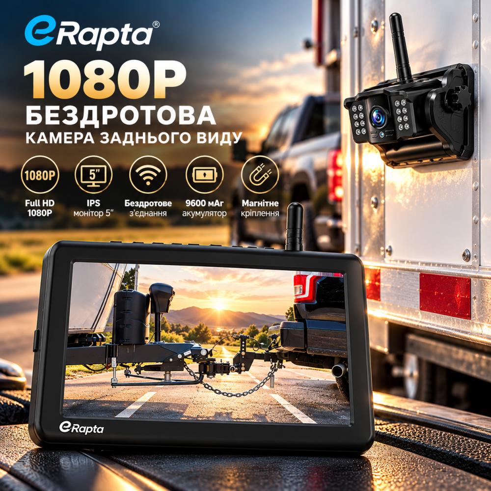 Бездротова магнітна камера заднього виду eRapta 1080P, IPS монітор 5", акумулятор 9600 мАг, для причепа, вантажівки, авто Київ - фото 1