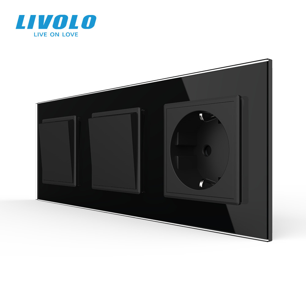 LIVOLO Двоклавішний вимикач (1-1) з розеткою Livolo чорний скло (VL-C7K1/K1/FCTC16A-6BP) Коломия - фото 3