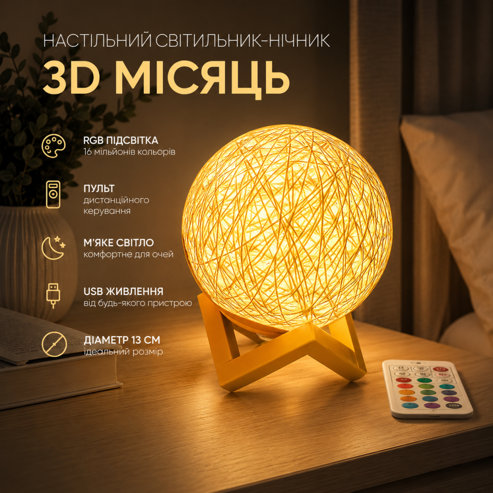 Настільний світильник-нічник 3D Місяць RGB 13 см, декоративна лампа Планета, USB, з пультом дистанційного керування Київ - фото 8