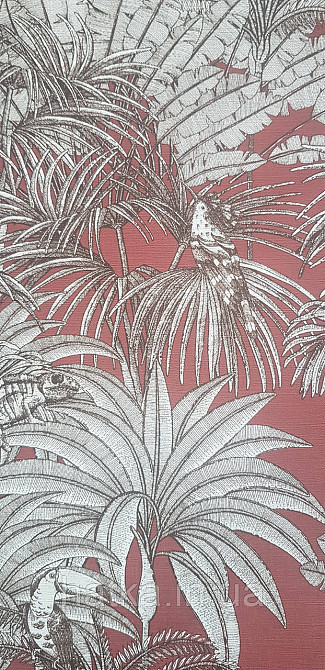 Шпалери вінілові на флізеліні Rasch Clasik 0,53х10 птиці папуги тваринні пальми листя сіре на бордовому Київ - фото 1