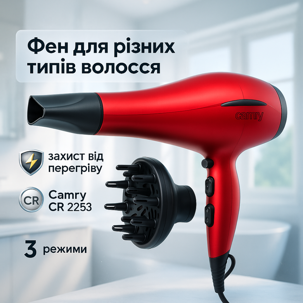 Фен с режимом регулировки температуры Camry, Фен без вреда для волос для разных типов волос MH-36 Львов - изображение 2