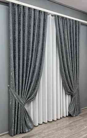 Комплект штор VR-Textil Льон Мармур 100х270 2шт і Тюль 400х270 1262ш-115т Графітовий з білим 71-124/2 Київ
