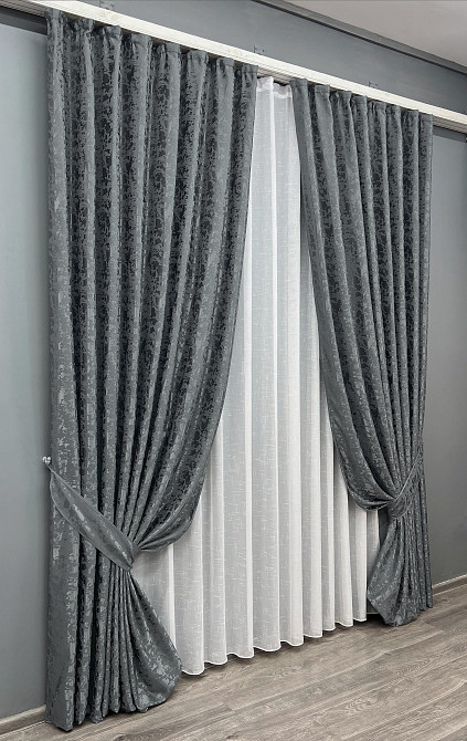 Комплект штор VR-Textil Лен Мрамор 100х270 2шт и Тюль 400х270 1262ш-115т Графитовый с белым 71-124/2 Киев - изображение 2