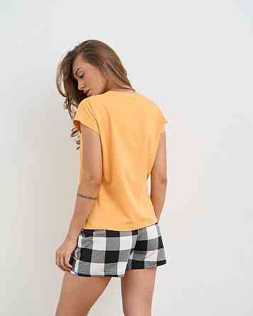 Женская пижама комплект с шортиками в клетку - Кофе, котики и книги Nicoletta 60244 S, Желтый Киев