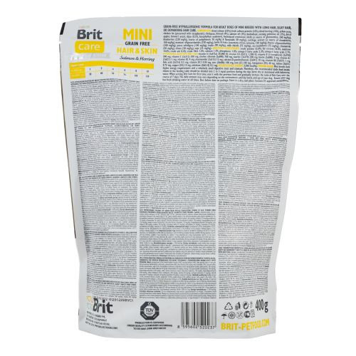 Корм сухий Brit Care Grain Free Mini Hair Skin для собак мніатюрних порід для шкіри та шерсті з лососем та оселедцем 400 г Київ - фото 3