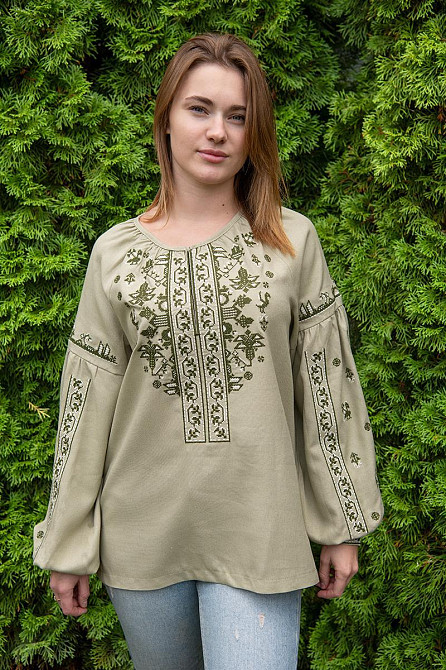 Вишиванка жіноча з довгим рукавом лляна, оливкова топ Київ - фото 5