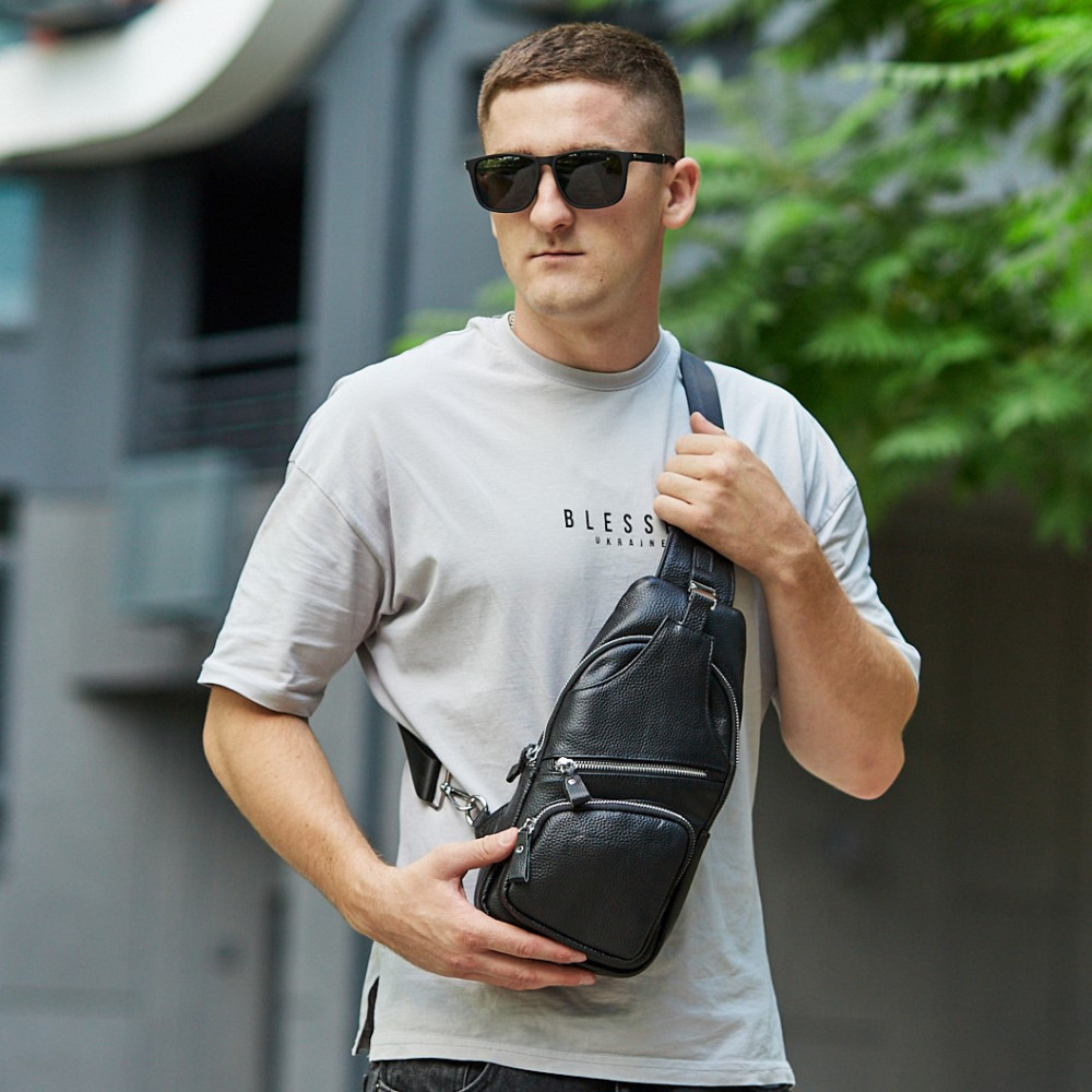 Сумка-слинг мужская на плечо 17х32х7, кожаный нагрудной рюкзак для города TIDING BAG MK16094 черный Каменское - изображение 10